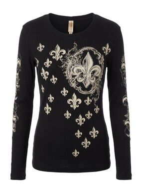 Black Long-Sleeve Fleur-de-Lis Print Top